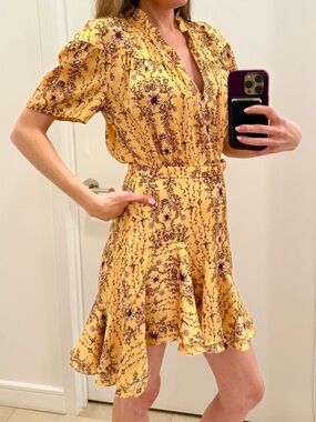 Sandro Paris Belted Yellow Floral Mini Dress Ruffle Hem Short Sleeve Size 0 or 2